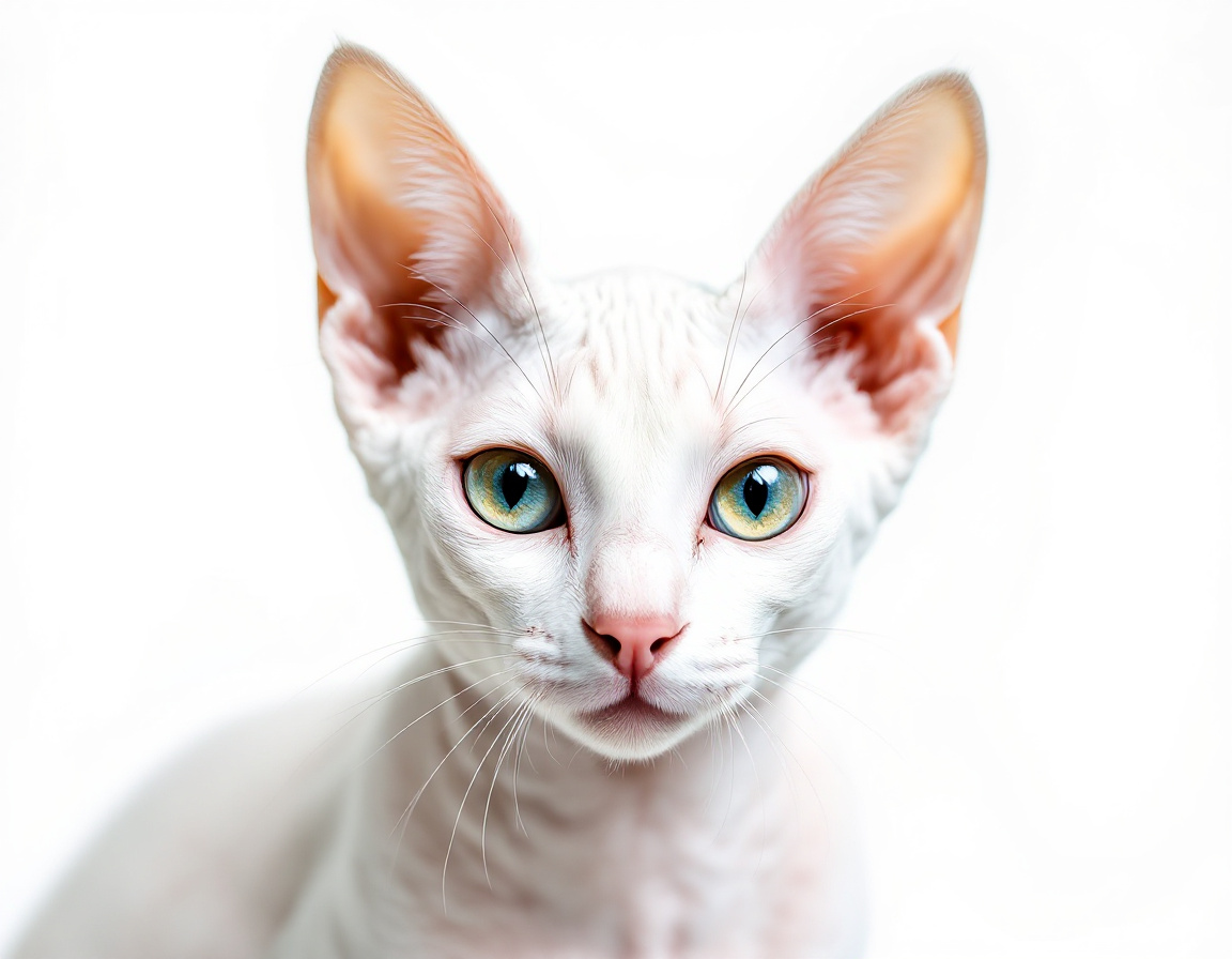 Close-up portrait of cat on a white background, with its alert expression and intricate details of its fur and whiskers in sharp focus.